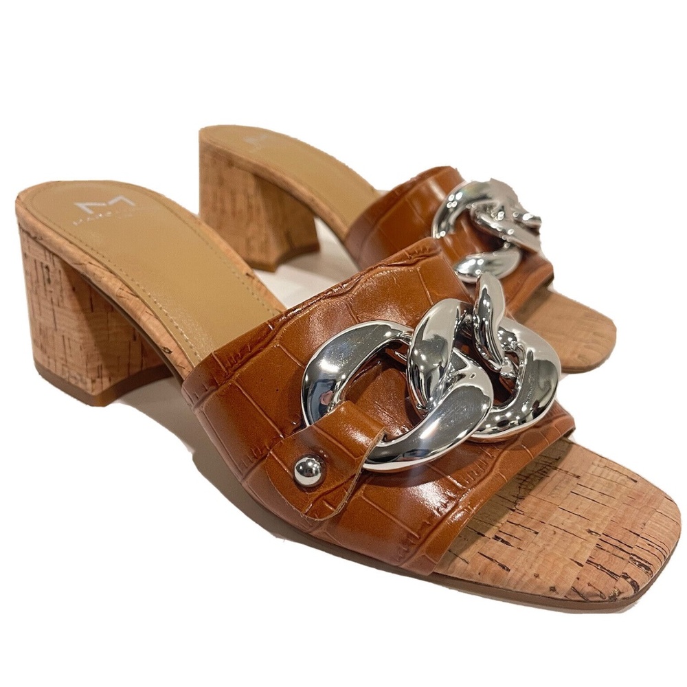 Marc Fisher Naniya Slide Sandal Silver Chain Brown Leather Cork Heels Size 6.5